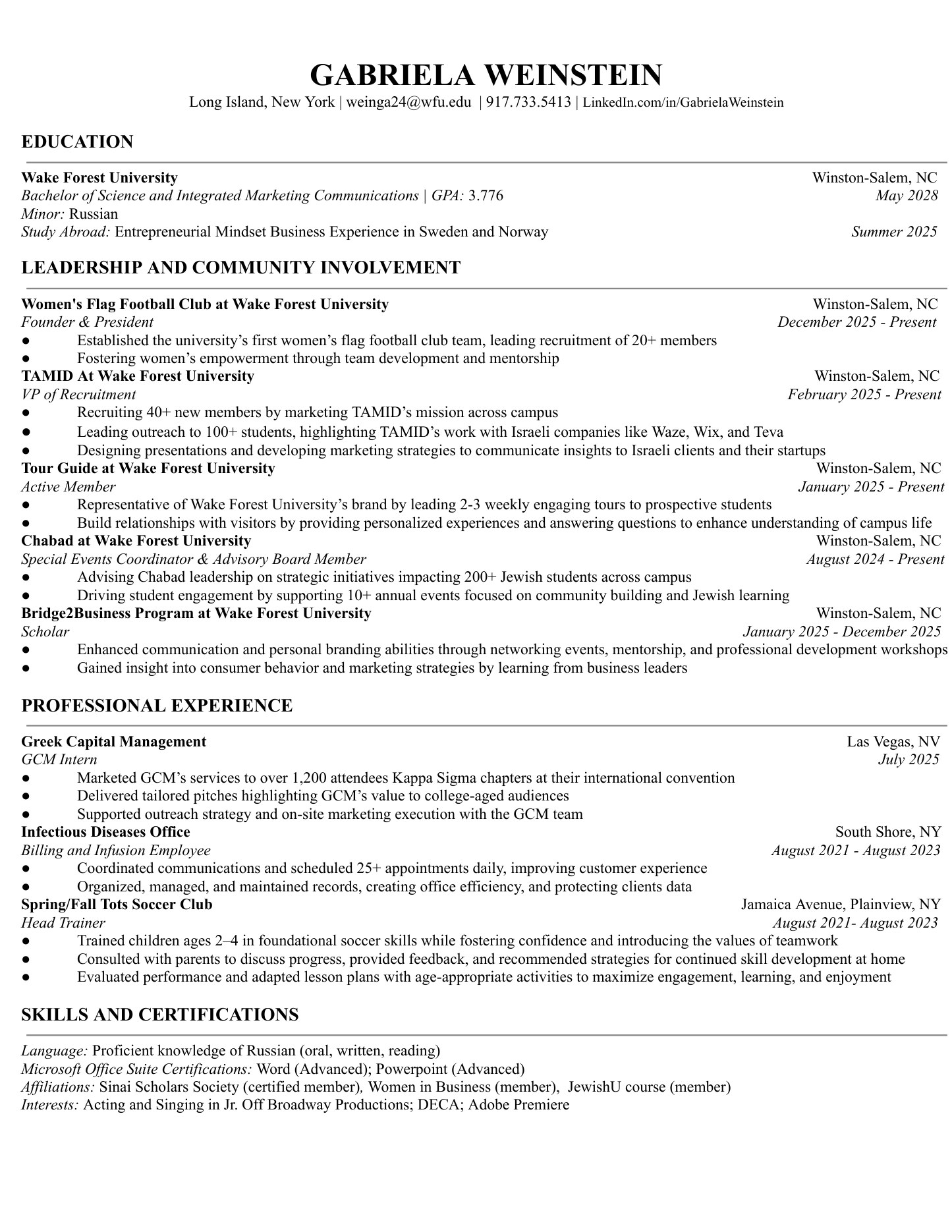 Gabriela Weinstein's one-page résumé